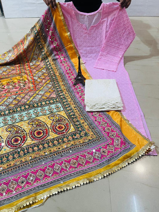 Pink Chikankari Charm: Sequin Work Kurti with Plazo and Dupatta Set - Inayakhan Shop 
