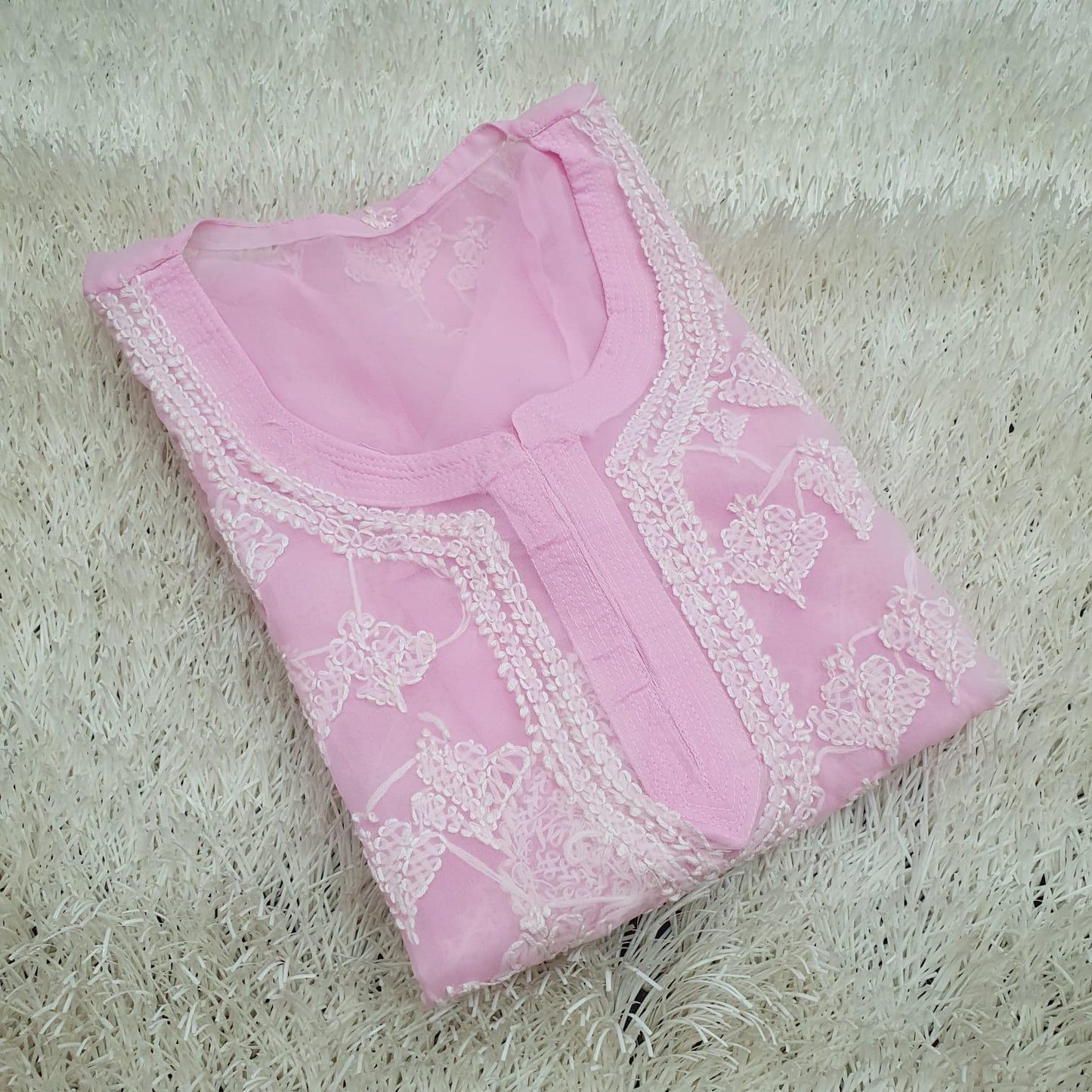 Pink Chikankari Elegance: Long Chiffon Kurti Set - Inayakhan Shop 