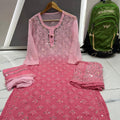 Pink Chikankari Elegance Ombré Mirror Booti Jaal Set - Kurti, Sharara & Dupatta