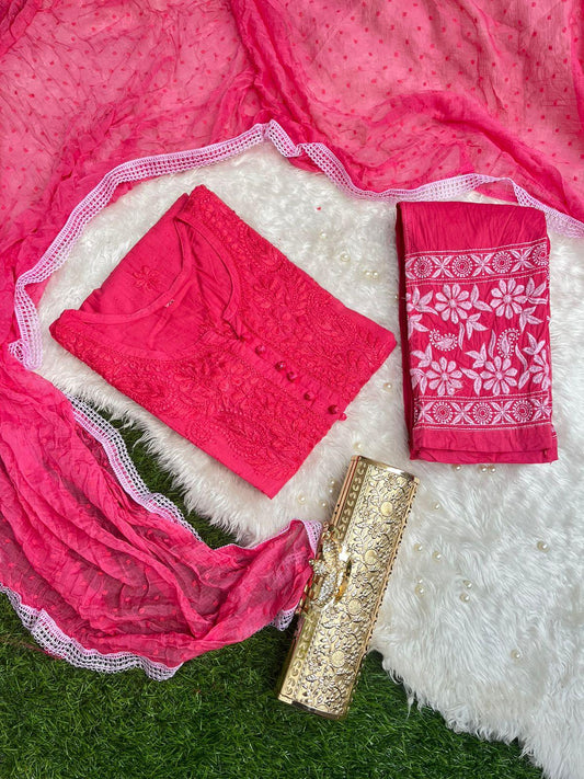 Pink Chikankari Handwork Cotton Dyeable Set , Dobby Bundi Dupatta from Lucknow - Inayakhan Shop 