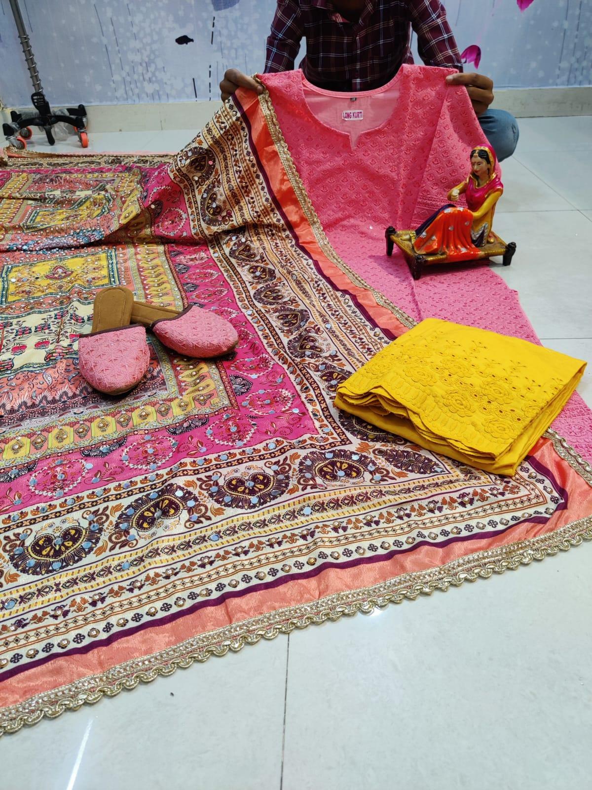 Pink Chikankari Kurta and Yellow Pallazo With Jutti and Beautiful Multicolor Pakistani Mirror Dupatta - Inayakhan Shop 