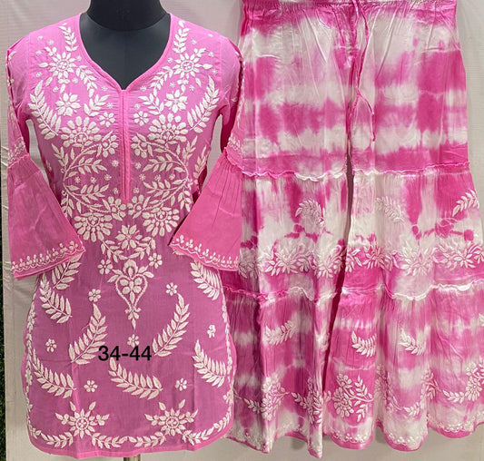 Pink Color Pure Mulmul short top with tie and dye gharara with finest quality intricate chikankari hand embroidery - Inayakhan Shop 