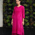 Pink Cotton Crochet Button Lucknowi Chikankari Kurti + Palazzo Co-ord Set