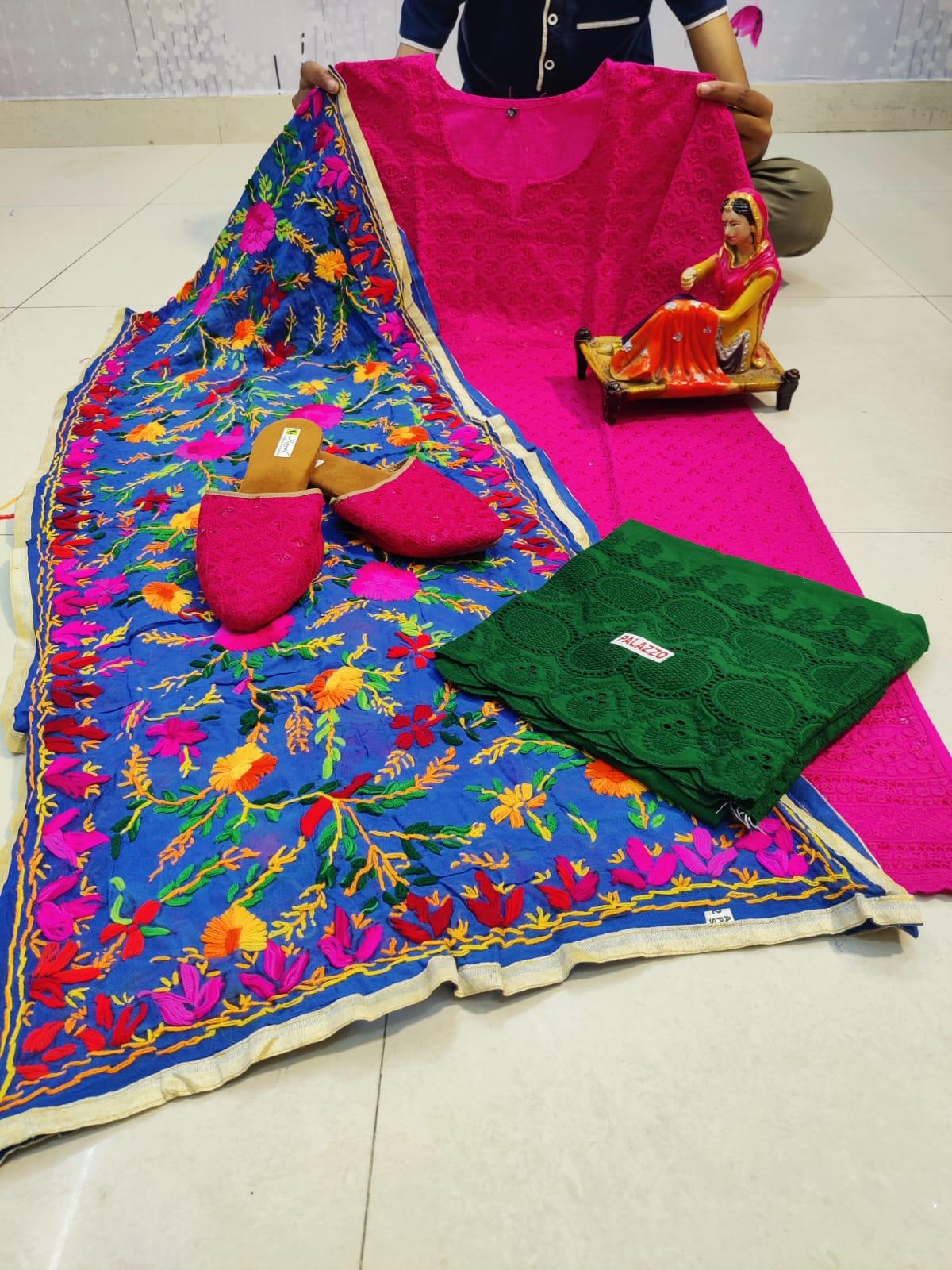 Pink Cotton Phulkari Suit with Beautiful Chikan & Sequins Embroidery Work Shopping Online - Inayakhan Shop 