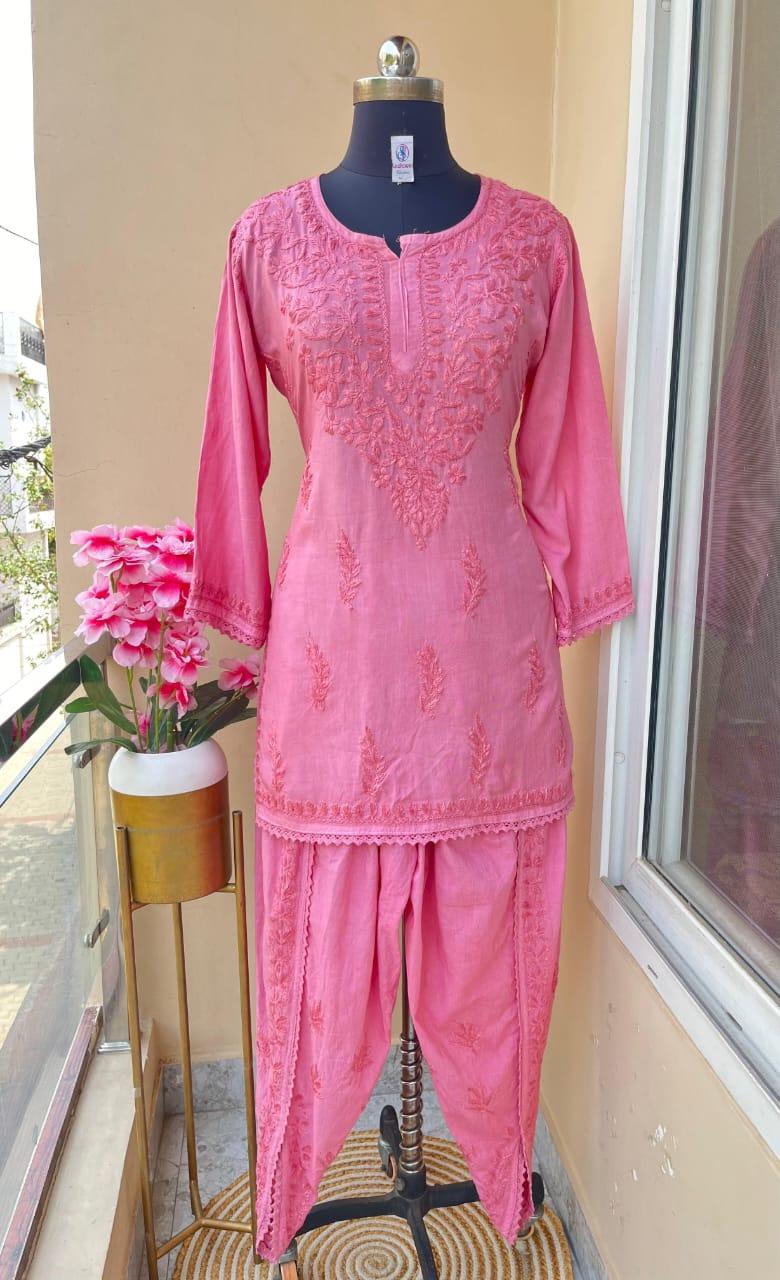 Pink Cotton Rayon Short Kurti + Cotton Dhoti Pant Lucknow Chikankari Co-ord Set - Inayakhan Shop 