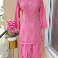 Pink Cotton Rayon Short Kurti + Cotton Dhoti Pant Lucknow Chikankari Co-ord Set
