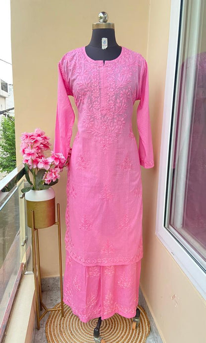 Pink Dobby Cotton Bliss: Long Kurti and Pallazo Coord Set ❤️ - Inayakhan Shop 