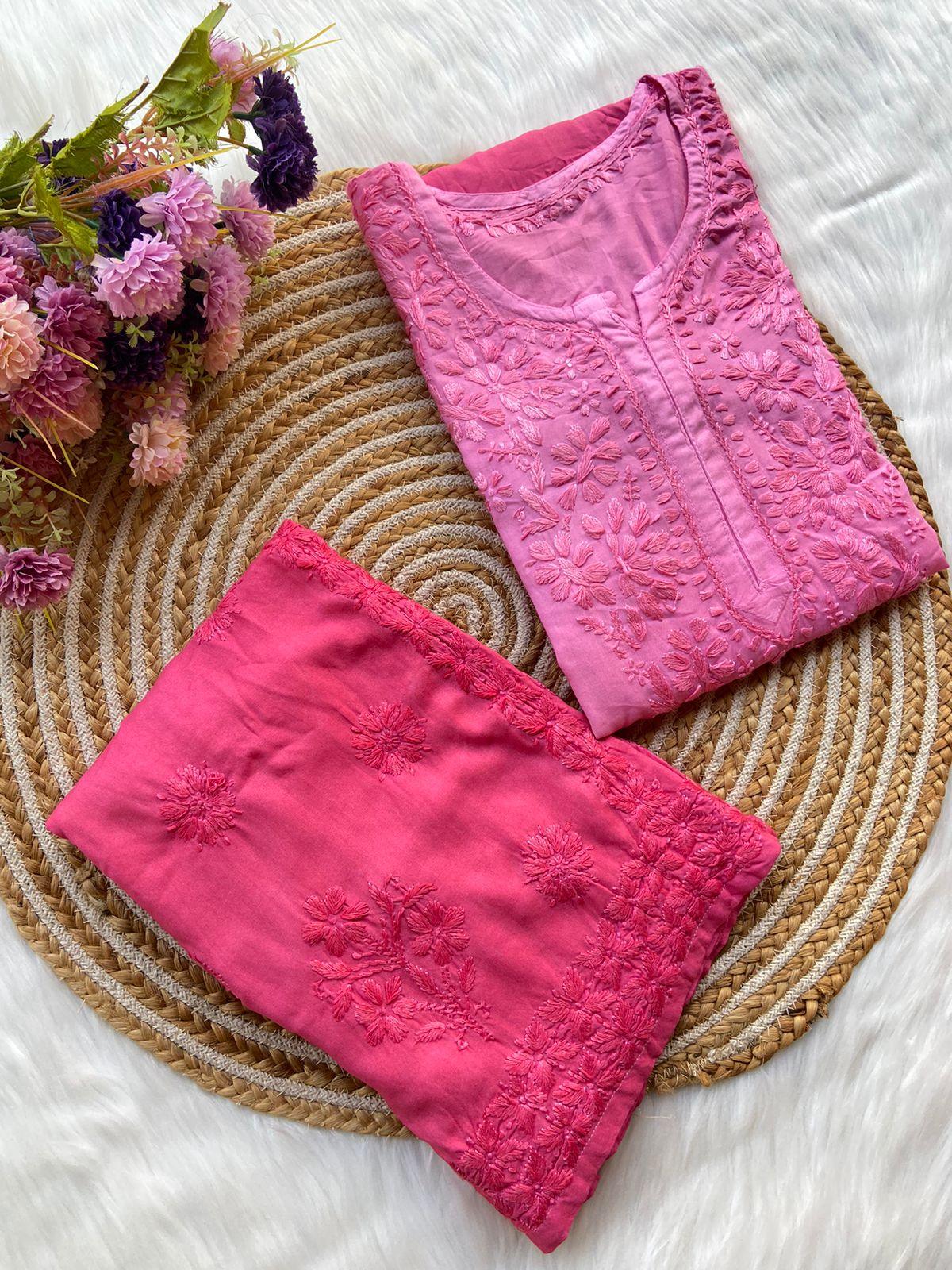 Pink Dual Shades Chikankari Elegance Modal Kurti and Plazo Set - Inayakhan Shop 