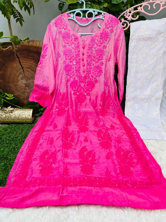 Pink Elegance in Motion 3D Quraishiya Button Pure Muslin Kurti Set - Inayakhan Shop 