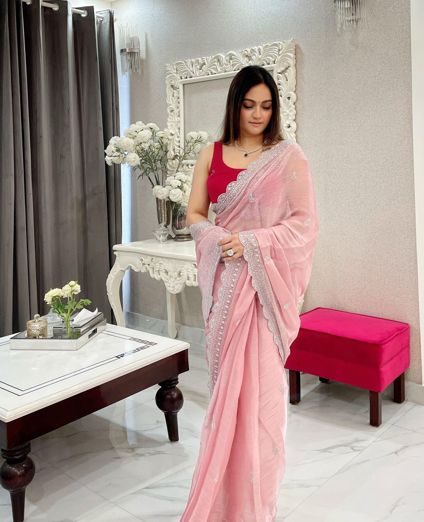Pink Elegant Burburry Silk Saree with Sequins Work - Inayakhan Shop 