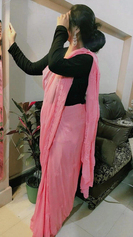 Pink Elegant Chikankari Georgette Saree with Black Blouse Perfect for Bridesmaids - Inayakhan Shop 