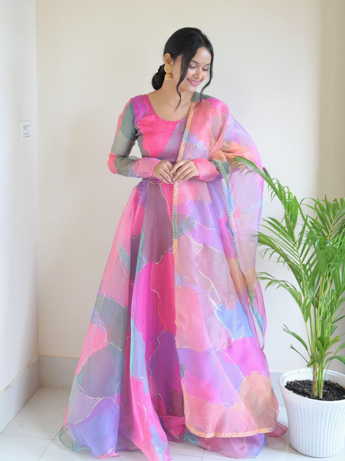 Pink Elegant Organza Silk Gown with Digital Print and Handwork - Inayakhan Shop 