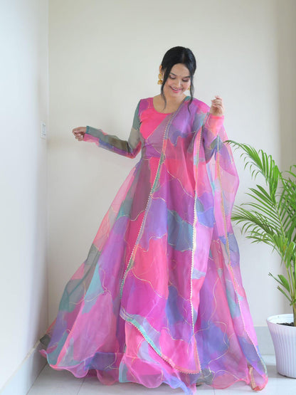 Pink Elegant Organza Silk Gown with Digital Print and Handwork - Inayakhan Shop 