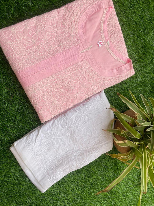Pink Exclusive Cotton Voile Chikankari Handwork Kurti with Pants - Inayakhan Shop 