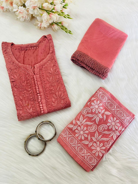 Pink Exclusive Dobby Cotton 3-Piece Salwar Suit Set - Inayakhan Shop 