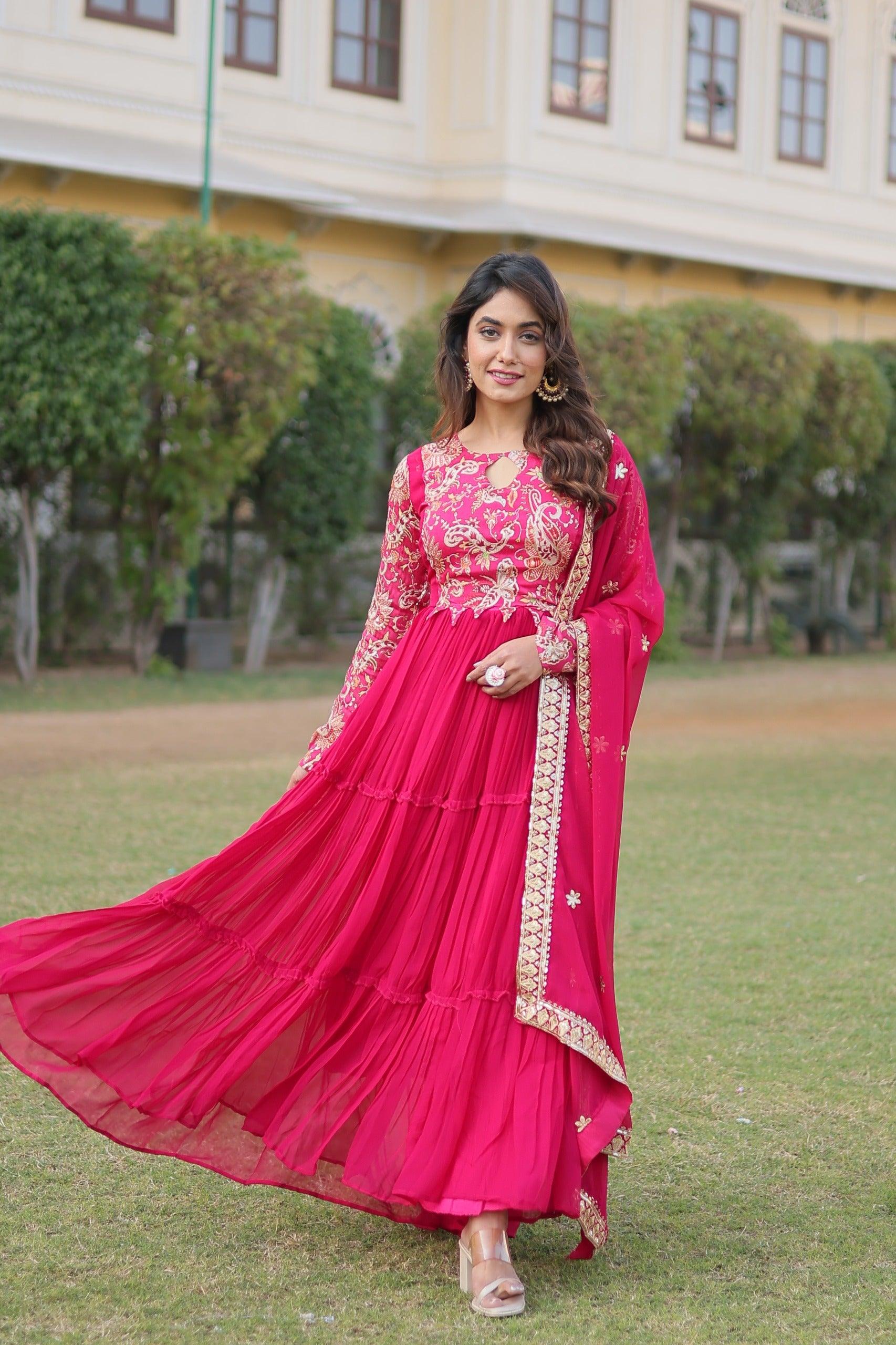 Pink Floral Fantasy Gown-Dupatta Collection - Inayakhan Shop 