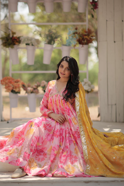 Pink Floral Premium Readymade Alia Cut Gown with Dupatta Set - Inayakhan Shop 