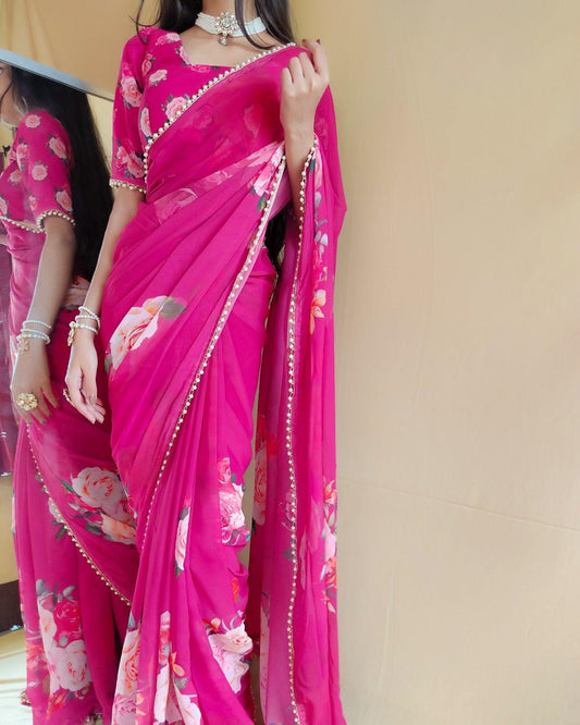 Pink Floral Summer Classy Georgette Printed Saree with Pearl Lace Border - Inayakhan Shop 