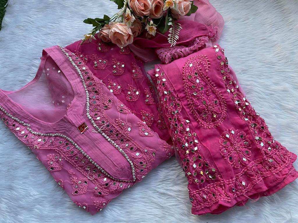 Pink Georgette Kurti with Mirror Booti Jaal Shopping Online - Inayakhan Shop 