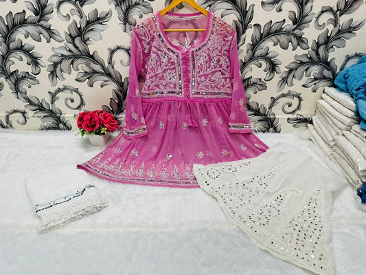 Pink Glimmering Georgette Mirror Work Short Gown, Dupatta, and Sharara Full Combo Set - Inayakhan Shop 