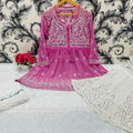 Pink Glimmering Georgette Mirror Work Short Gown, Dupatta, and Sharara Full Combo Set