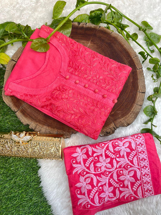 Pink Graceful Cotton Chikankari Work Set: Kurti + Pant up to 6 XL ++ Sizes - Inayakhan Shop 