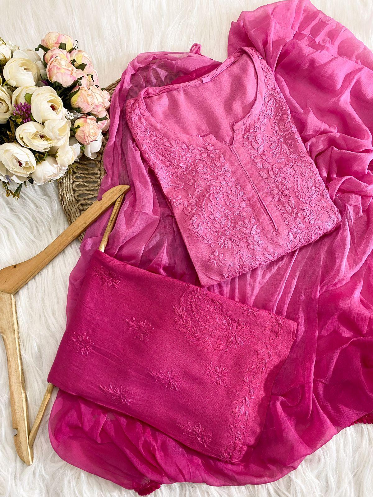 Pink Handcrafted Soft Rayon 3-Piece Dyed Ombre Set - Inayakhan Shop 