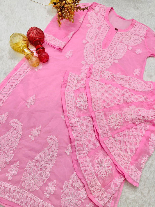 Pink Lucknawi Chikankari Georgette Kurti and Sharara Set , Dupatta and Inner Included - Inayakhan Shop 