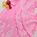 Pink Lucknawi Chikankari Georgette Kurti and Sharara Set , Dupatta and Inner Included