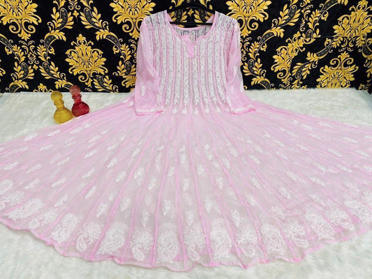 Pink Lucknow Chikankari Anarkali Gown 56 inch Kali - Inayakhan Shop 