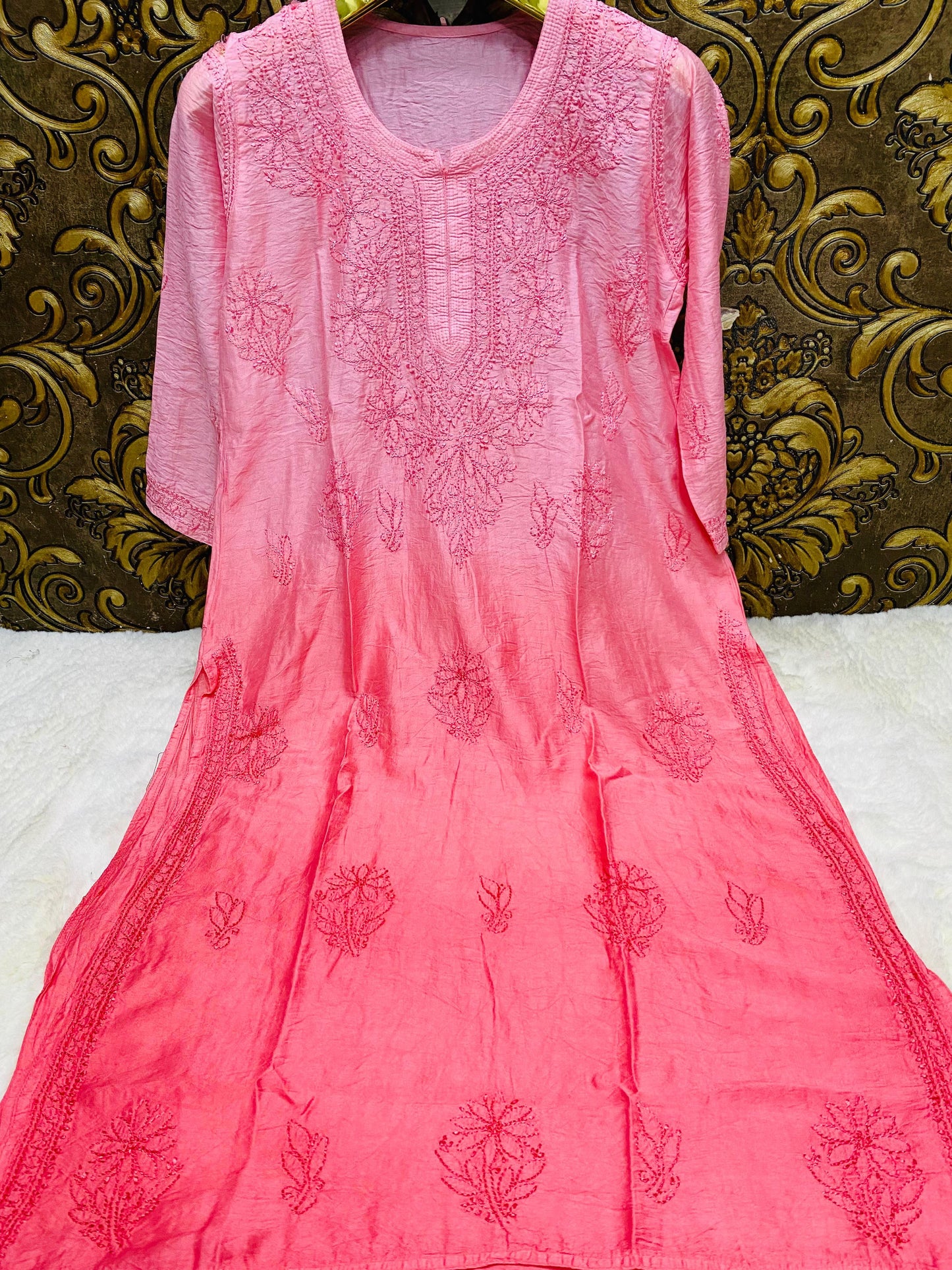 Pink Lucknowi Chikankari Beautiful Premium Chanderi Resham Work Kurti - Inayakhan Shop 