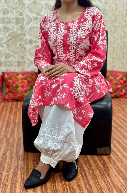 🌼 Pink Lucknowi Fusion Monochromatic Cotton Printed Kurta with Chikan Afghani Set 🌼 - Inayakhan Shop 