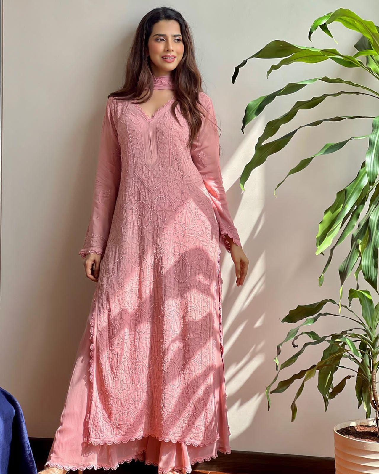 Pink Luxurious Georgette Embroidered Ensemble With Dupatta - Inayakhan Shop 