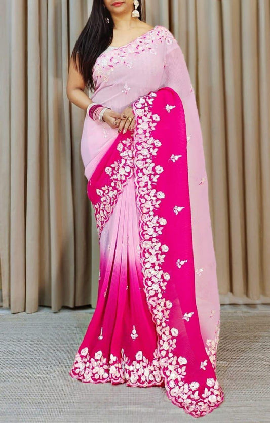 🌈 Pink Multi-Color Sequins Splendor Georgette Saree Set 🌟 - Inayakhan Shop 