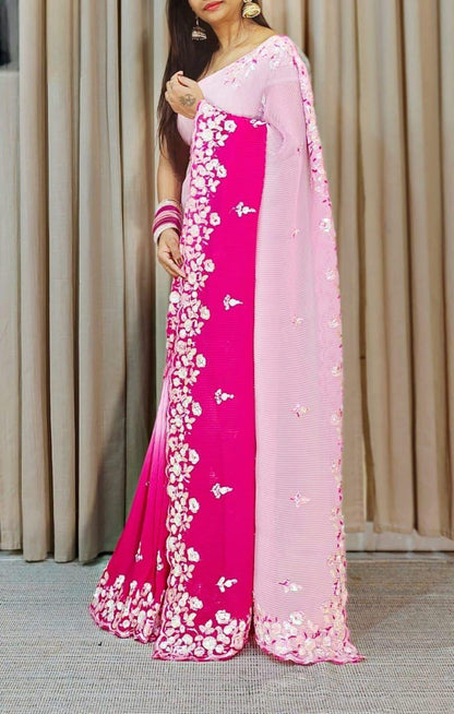 🌈 Pink Multi-Color Sequins Splendor Georgette Saree Set 🌟 - Inayakhan Shop 