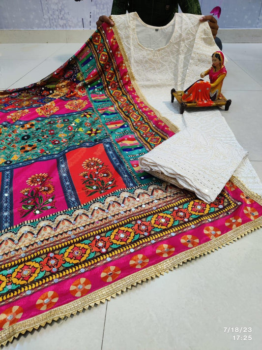 Pink Multicolor Rajasthani Patterns Chikankari Elegance - Pakistani Dupatta & Kurti Palazzo Set - Inayakhan Shop 