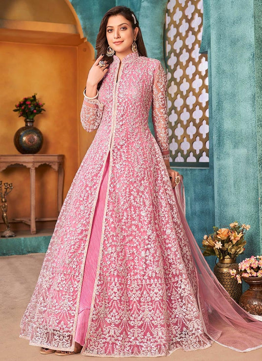 Pink Sequins Embroidered Elegant Front-Slit Anarkali Gown for Special Occasions