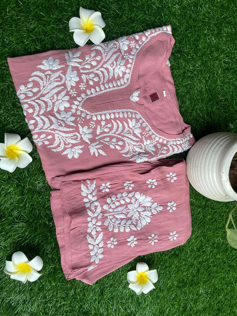 Pink New Designer Chikankari Hand Work Kurti Pant Set - Inayakhan Shop 