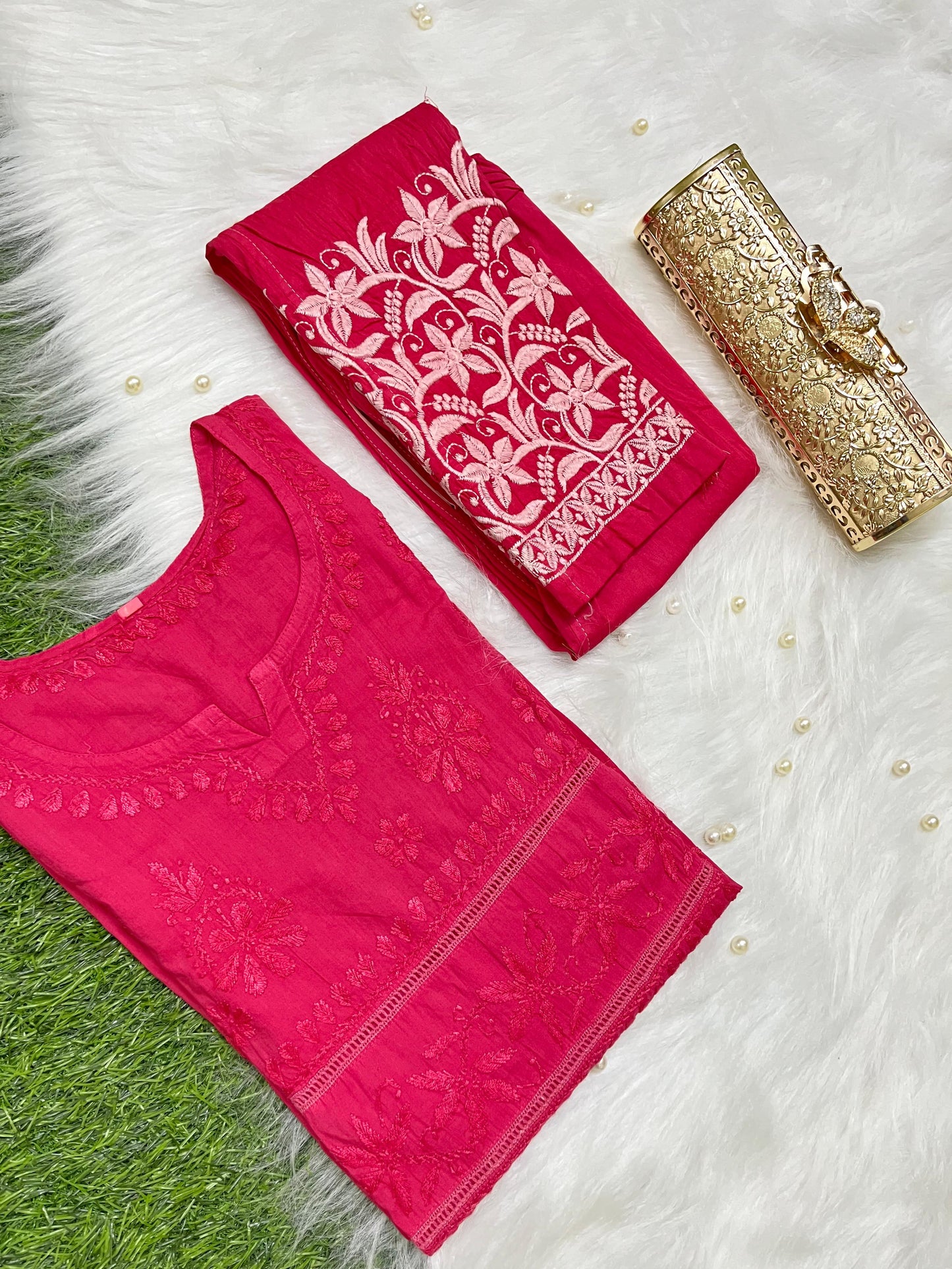 Pink New Designer Lace Pattern Kurti Set in Cotton Chikankari Handwork - Inayakhan Shop 