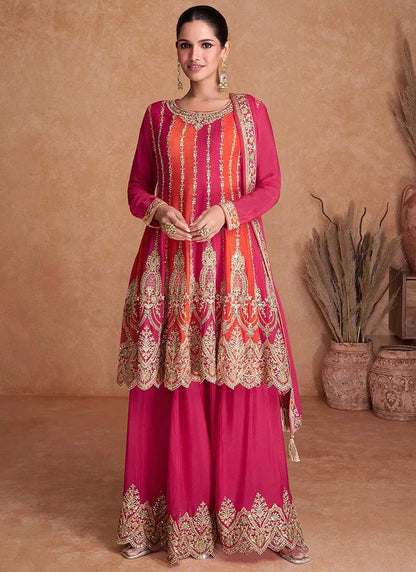 Pink and Orange Color Chinon Silk Indo-Western Palazzo Set