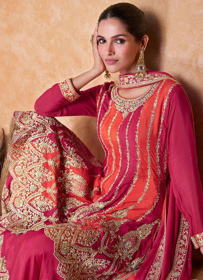 Pink and Orange Color Chinon Silk Indo-Western Palazzo Set