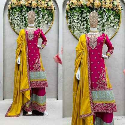Pink Pakistani Designer Chinon Silk Suit with Sequins and Cording Work - Inayakhan Shop 