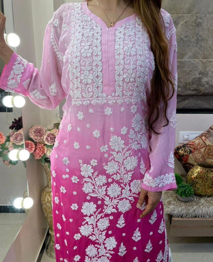 Pink Premium 3D Jasmine Maslin Kurti with White Pallazo (Limited Stock) - Inayakhan Shop 