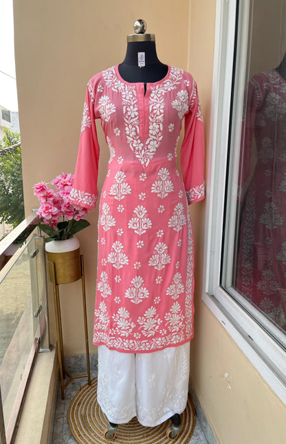 Pink Premium Modal Lucknowi Chikankari Kurti and Rayon Plazo Set - Inayakhan Shop 