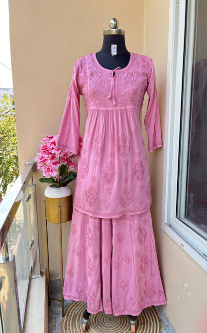 Pink Premium Modal Silk Chikankari Kurti and Gharara Set Limited Stock - Inayakhan Shop 