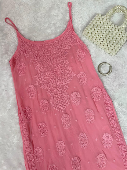 Pink Premium Noodle Strap Viscose Handwork Lucknow Chikankari Kurti - Inayakhan Shop 