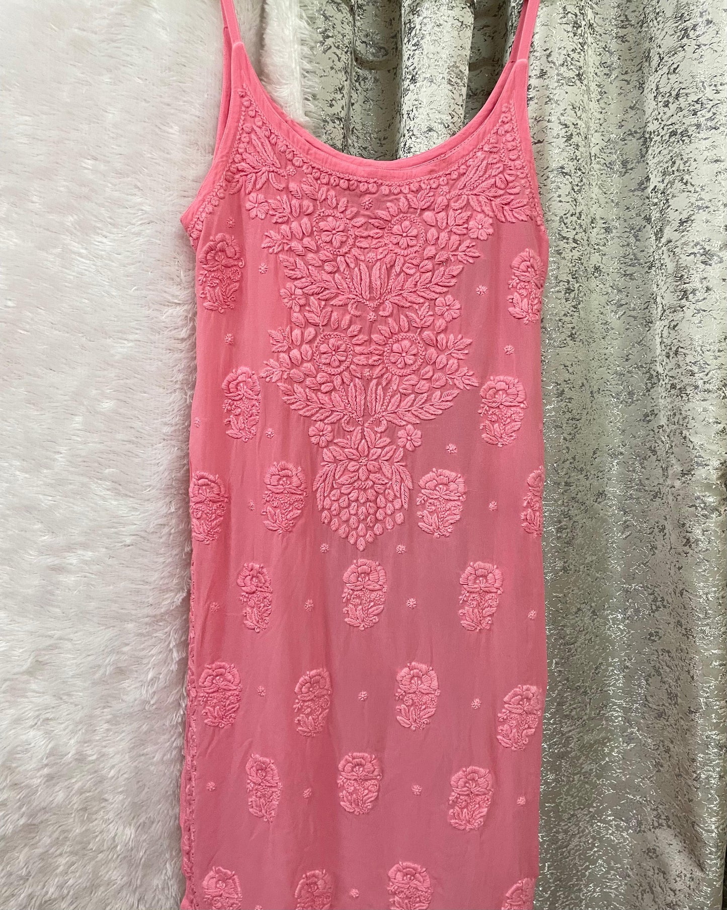 Pink Premium Noodle Strap Viscose Handwork Lucknow Chikankari Kurti - Inayakhan Shop 