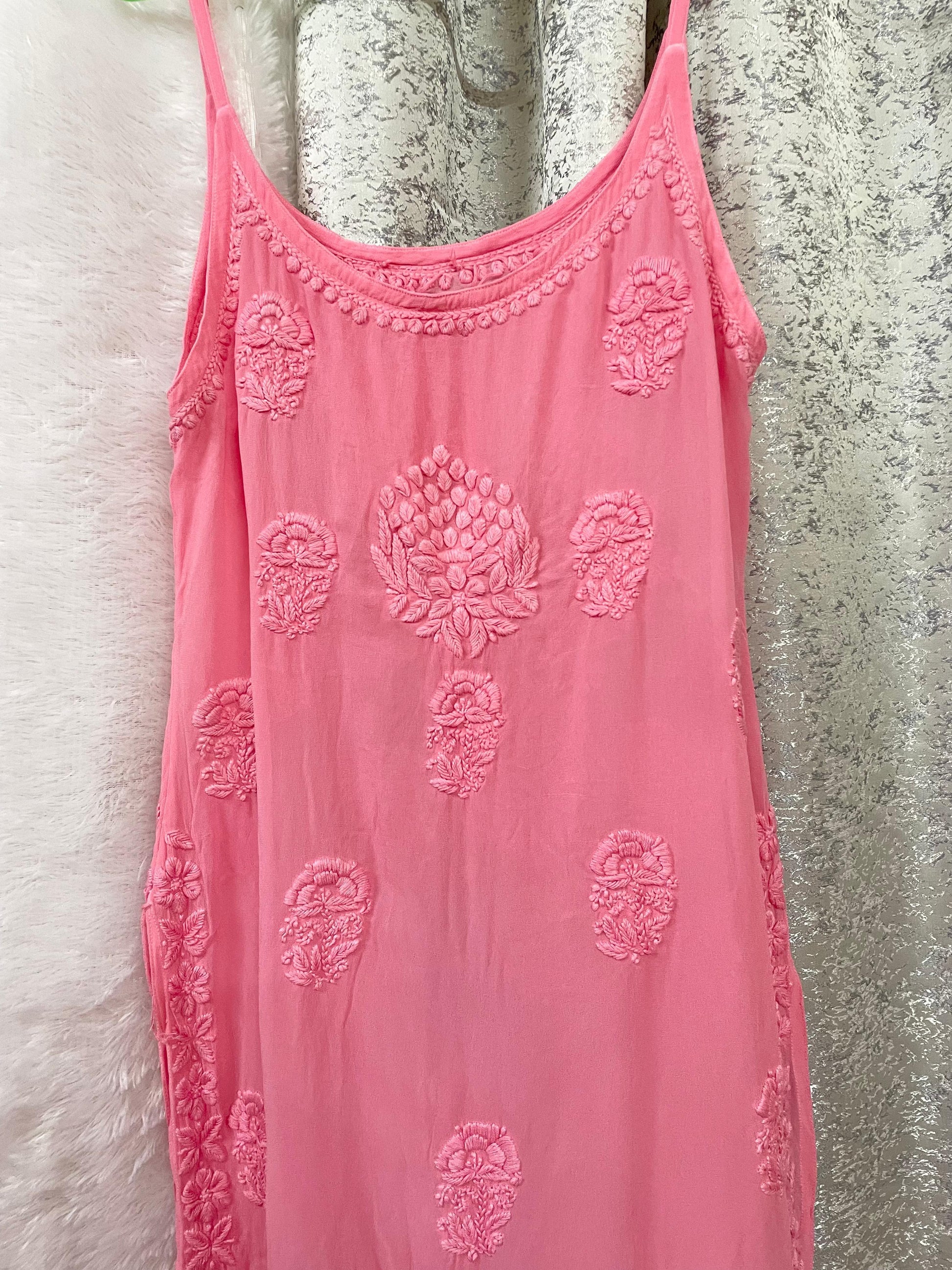 Pink Premium Noodle Strap Viscose Handwork Lucknow Chikankari Kurti - Inayakhan Shop 