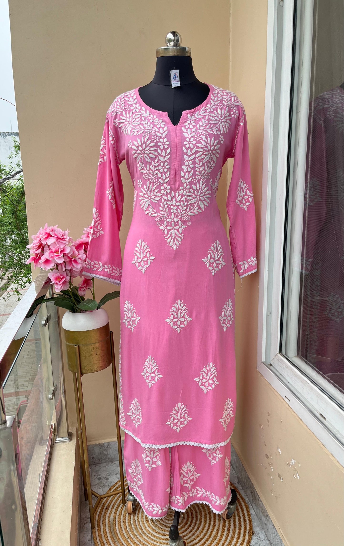 Pink Premium Rayon Lucknow Chikankari Kurti and Pallazo Set - Inayakhan Shop 