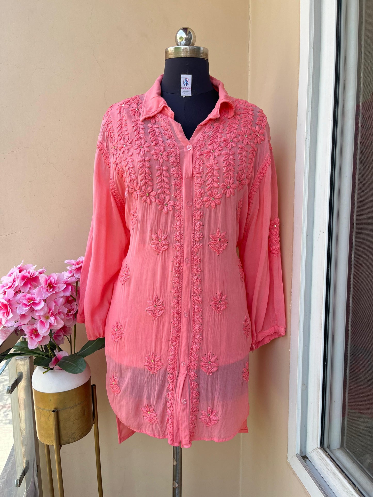 Pink Premium Viscose Chikankari and Mukesh Work Shirt Only Plus Sizes - Inayakhan Shop 